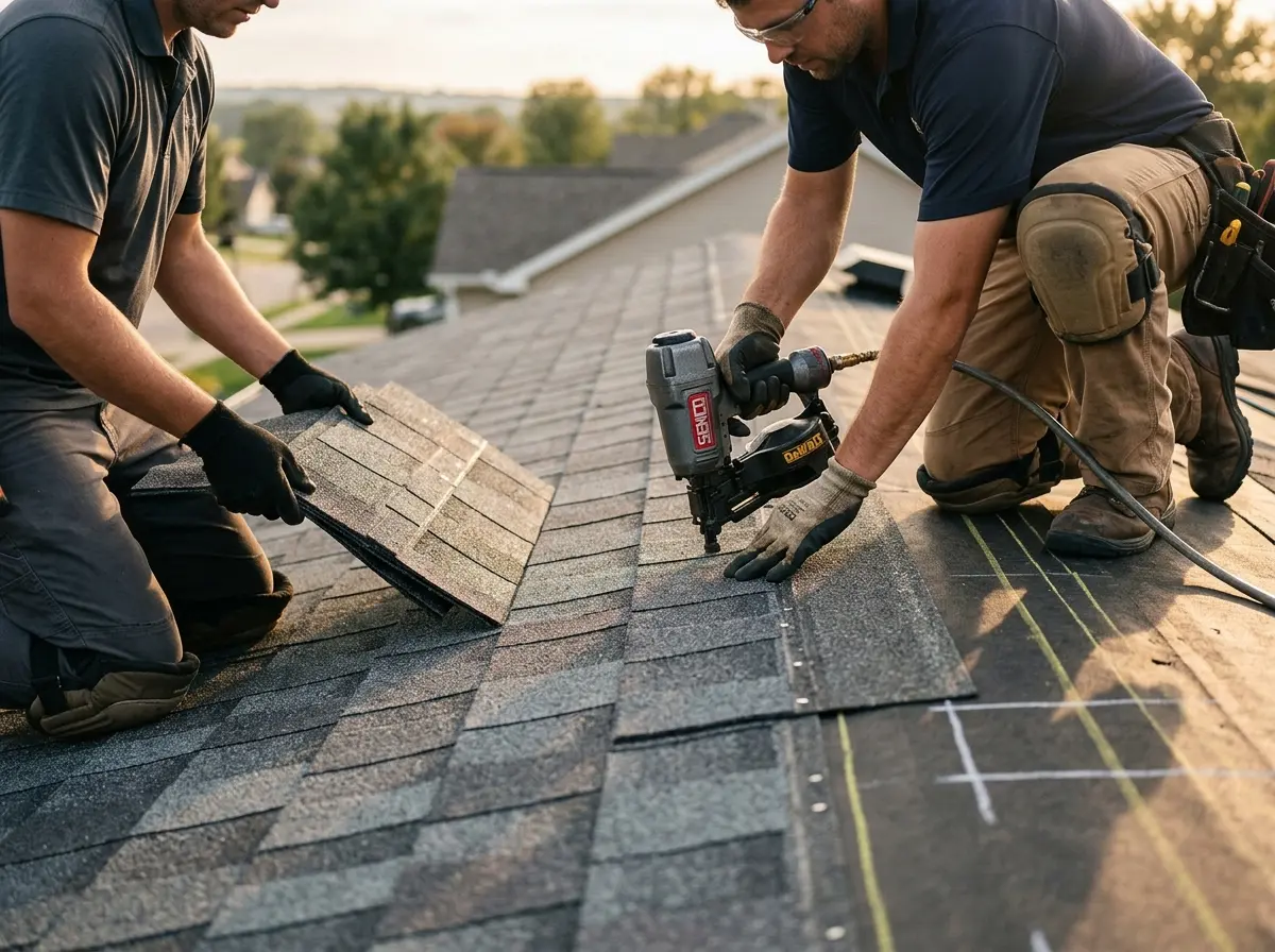 Professional roofer working on a residential roof in Bern
